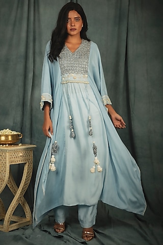 Powder Blue Shaded Hand Embroidered Kaftan Set by Nikita Vishakha