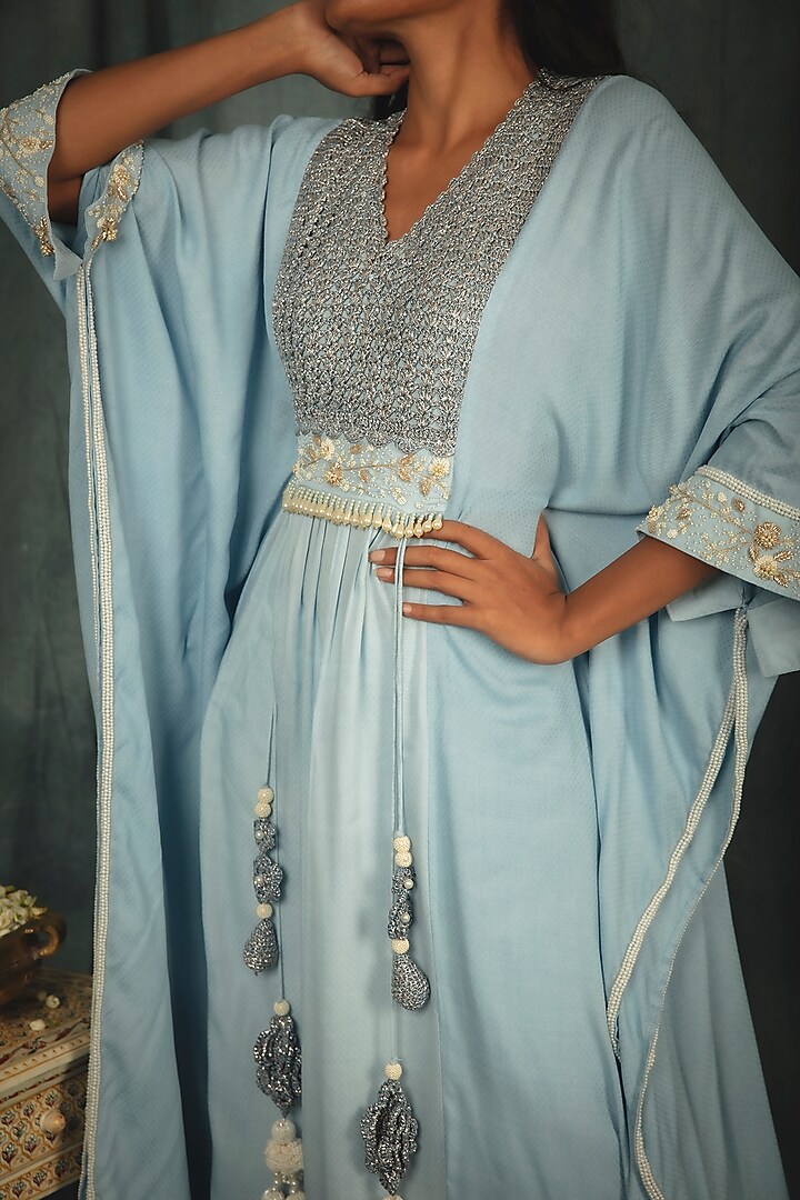 Powder Blue Shaded Hand Embroidered Kaftan Set by Nikita Vishakha at Pernia's Pop Up Shop