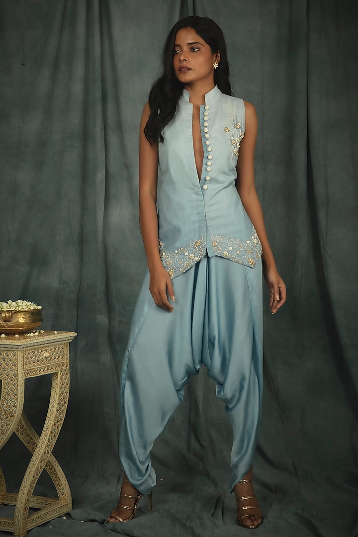 Powder Blue Modal Satin Dhoti Set by Nikita Vishakha at Pernia's Pop Up Shop