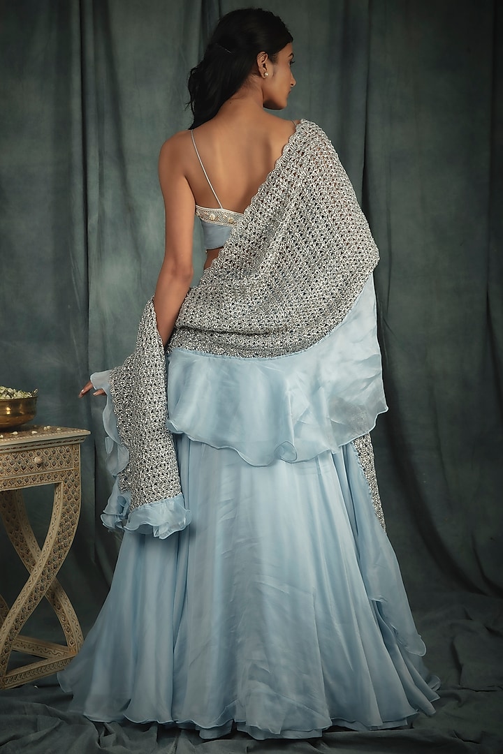 Powder Blue Organza Flared Wedding Lehenga Set by Nikita Vishakha at Pernia's Pop Up Shop
