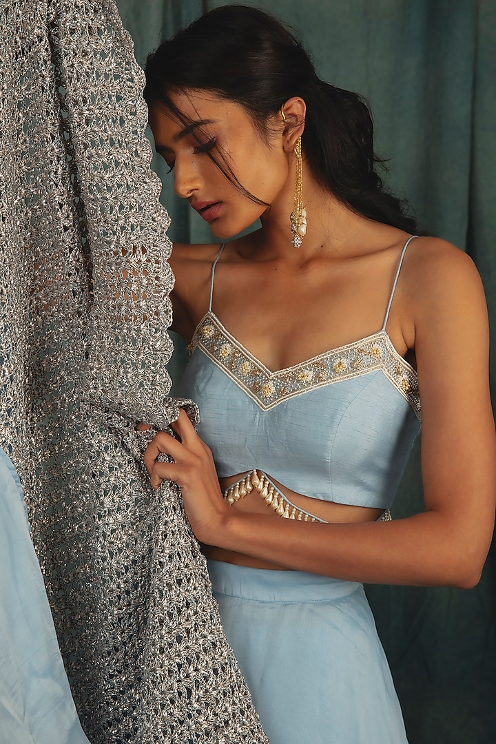 Powder Blue Organza Flared Wedding Lehenga Set by Nikita Vishakha at Pernia's Pop Up Shop