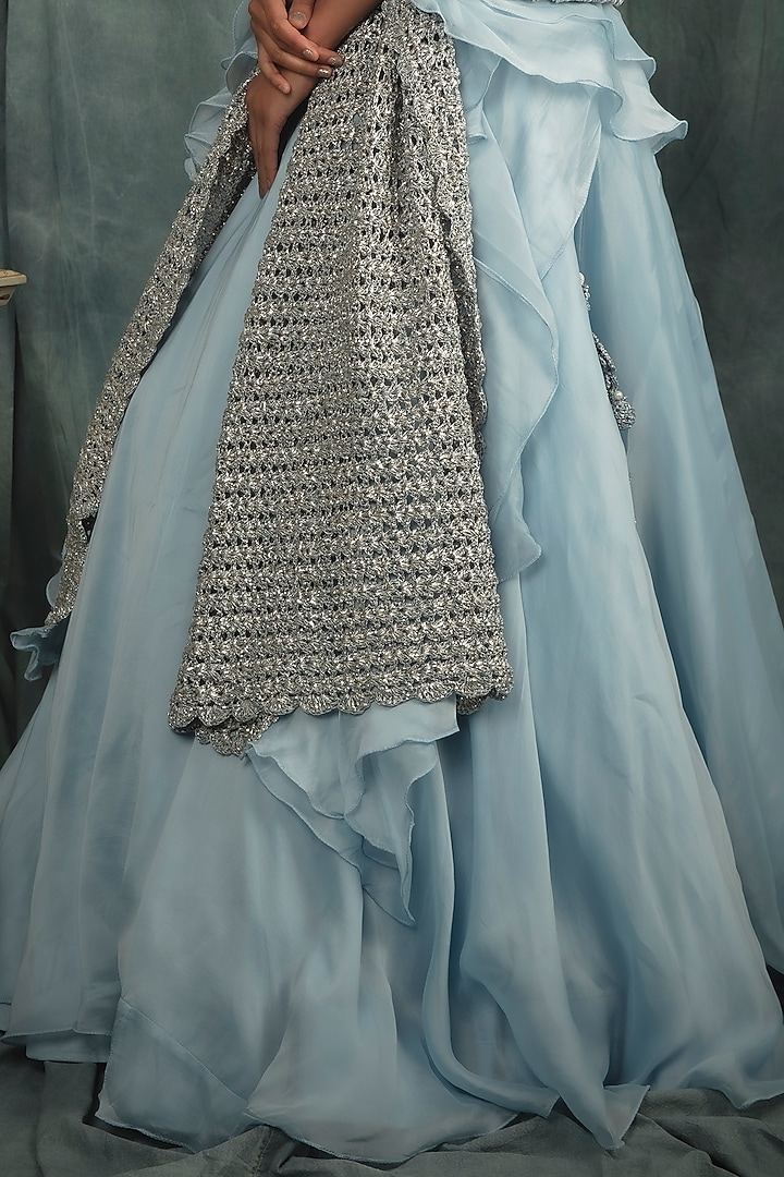 Powder Blue Organza Flared Wedding Lehenga Set by Nikita Vishakha at Pernia's Pop Up Shop