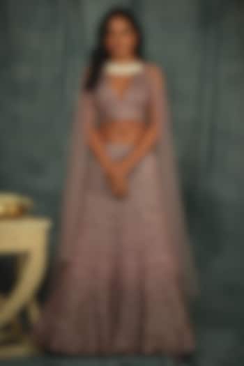 Soft Lilac Ombre Mesh Wedding Lehenga Set by Nikita Vishakha at Pernia's Pop Up Shop