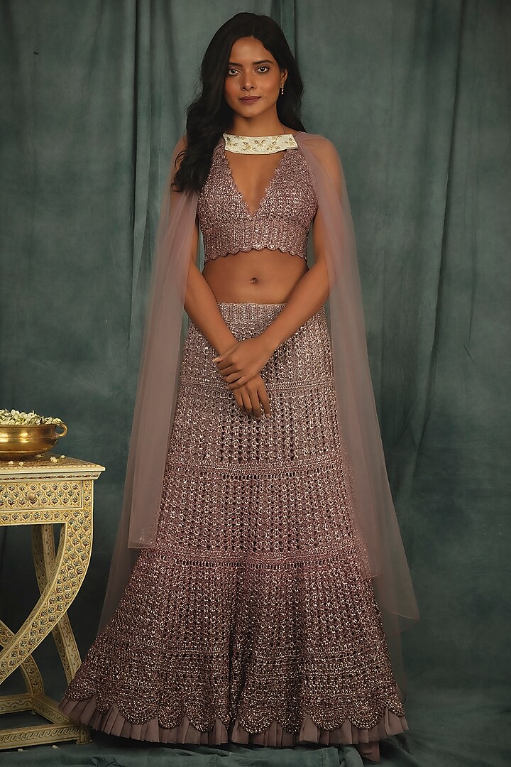 Soft Lilac Ombre Mesh Wedding Lehenga Set by Nikita Vishakha at Pernia's Pop Up Shop