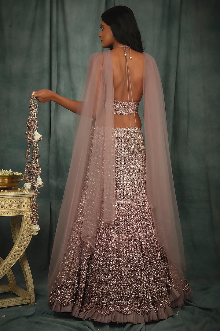 Soft Lilac Ombre Mesh Wedding Lehenga Set by Nikita Vishakha at Pernia's Pop Up Shop