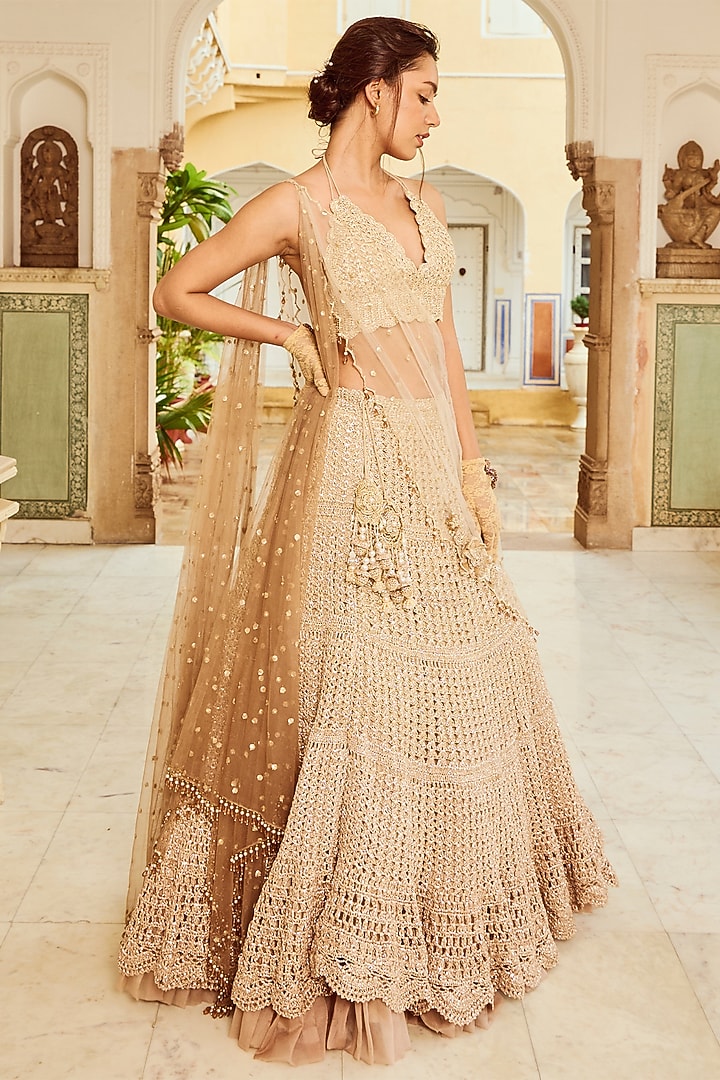 Caramel & Tan Mesh Sequins Hand Embellished Skirt Set by Nikita Vishakha at Pernia's Pop Up Shop