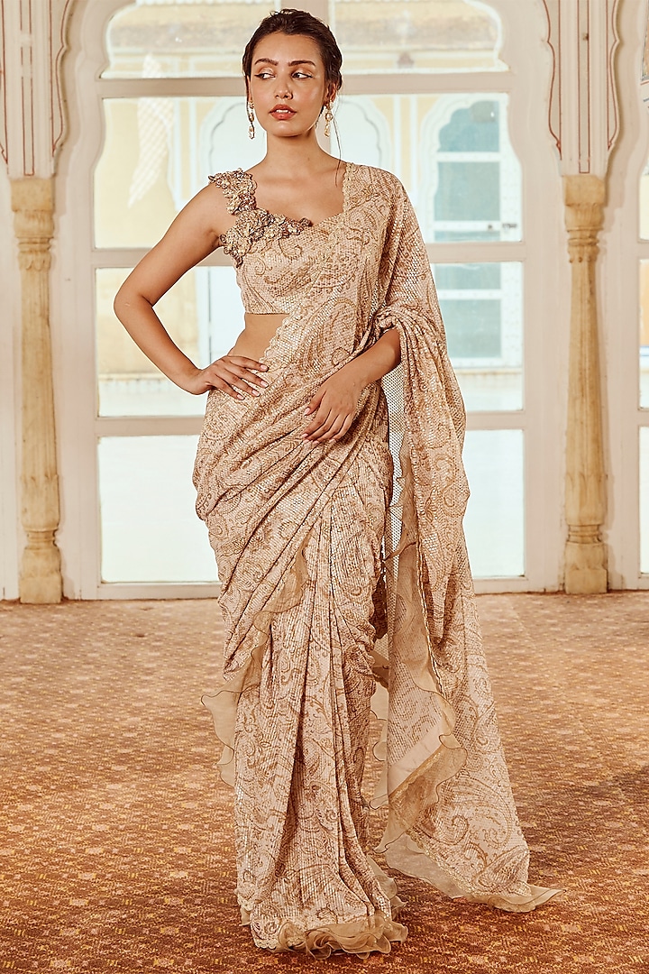 Caramel Silk Organza Printed & Hand Embellished Ruffled Saree Set  by Nikita Vishakha at Pernia's Pop Up Shop