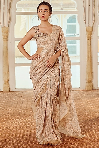 Caramel Silk Organza Printed & Hand Embellished Ruffled Saree Set  by Nikita Vishakha