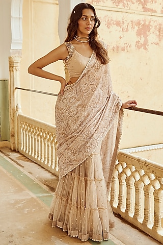 Caramel Raw Silk Printed & Hand Embellished Tiered Saree Set  by Nikita Vishakha