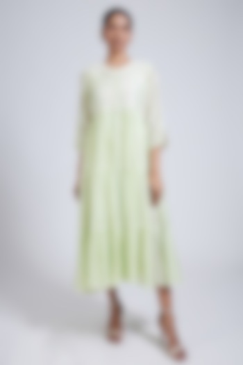 Lime Green Pure Chanderi Thread Hand Embroidered Tiered Vacation Dress by NIMA FASHIONS at Pernia's Pop Up Shop