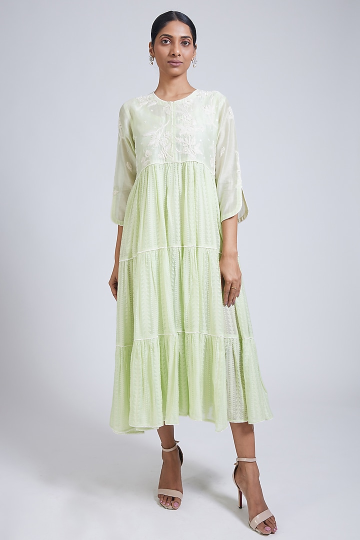 Lime Green Pure Chanderi Thread Hand Embroidered Tiered Vacation Dress by NIMA FASHIONS at Pernia's Pop Up Shop