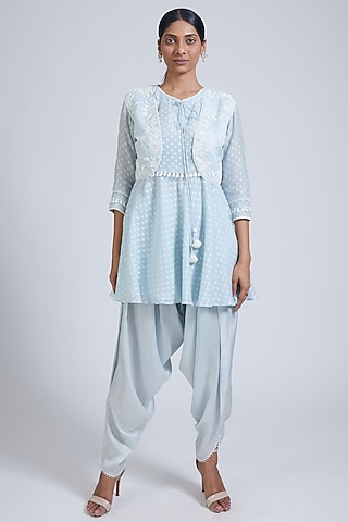 Ice Blue Pure Chanderi Sequins & Moti Embellished Short Jacket Set by NIMA FASHIONS