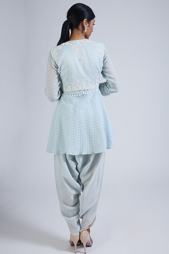 Ice Blue Pure Chanderi Sequins & Moti Embellished Short Jacket Set by NIMA FASHIONS at Pernia's Pop Up Shop