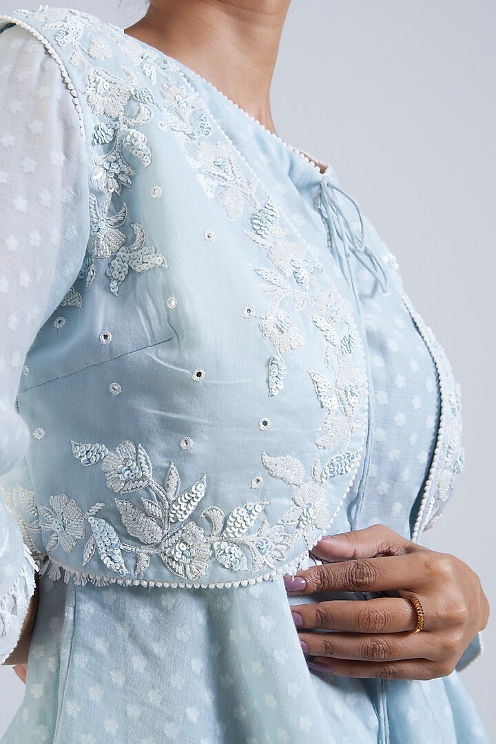 Ice Blue Pure Chanderi Sequins & Moti Embellished Short Jacket Set by NIMA FASHIONS at Pernia's Pop Up Shop