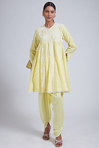 Lemon Yellow Pure Chanderi Cutdana & Sequin Hand Embellished Flared Kurta Set by NIMA FASHIONS