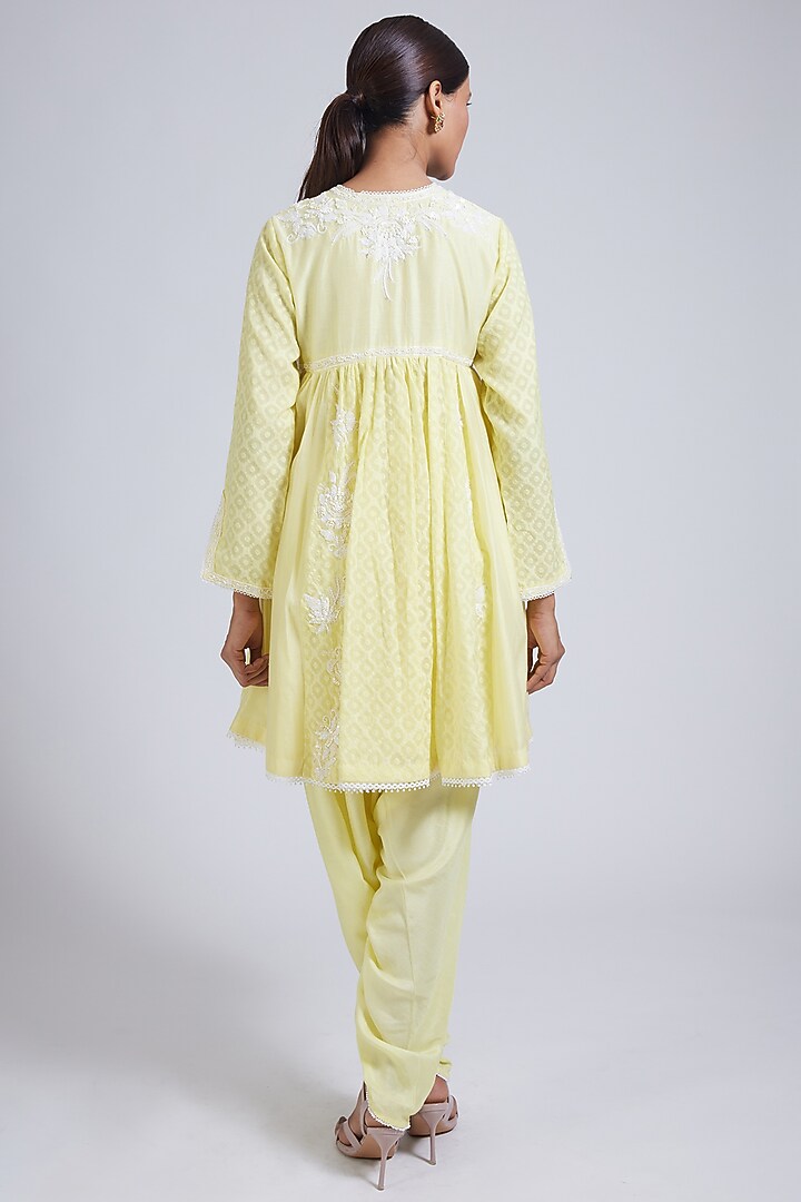Lemon Yellow Pure Chanderi Cutdana & Sequin Hand Embellished Flared Kurta Set by NIMA FASHIONS at Pernia's Pop Up Shop