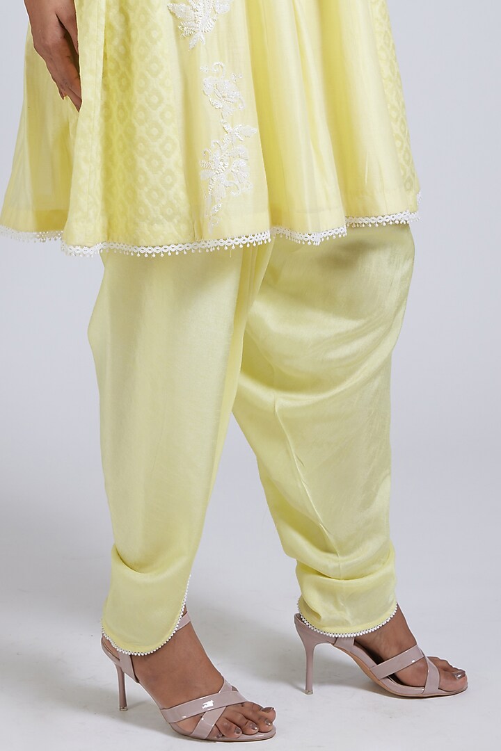 Lemon Yellow Pure Chanderi Cutdana & Sequin Hand Embellished Flared Kurta Set by NIMA FASHIONS at Pernia's Pop Up Shop