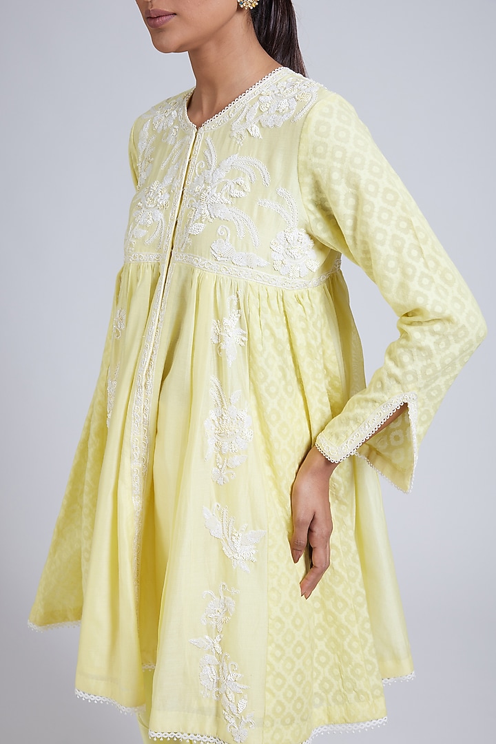 Lemon Yellow Pure Chanderi Cutdana & Sequin Hand Embellished Flared Kurta Set by NIMA FASHIONS at Pernia's Pop Up Shop