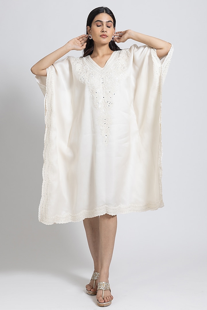 White Georgette Thread & Pearl Hand Embroidered Kaftan by NIMA FASHIONS