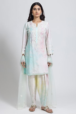 Multi-Colored Net Pearl & Moti Hand Embroidered Tie-Dye Kurta Set by NIMA FASHIONS