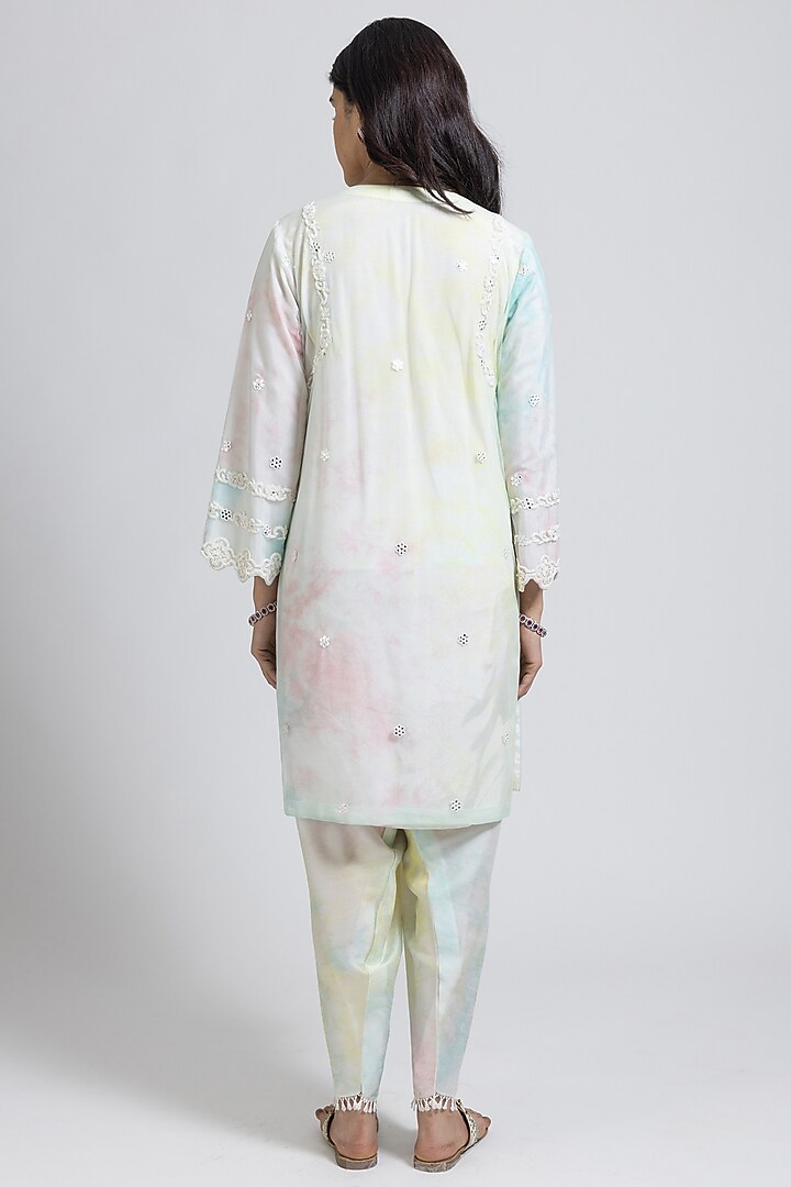 Multi-Colored Net Pearl & Moti Hand Embroidered Tie-Dye Kurta Set by NIMA FASHIONS at Pernia's Pop Up Shop