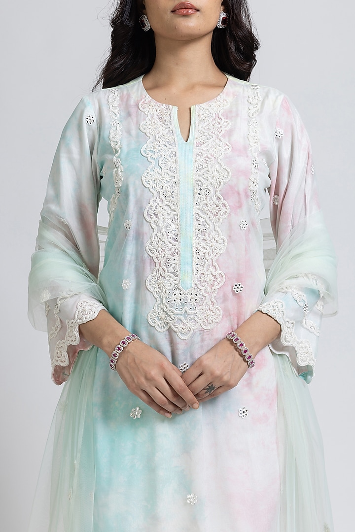 Multi-Colored Net Pearl & Moti Hand Embroidered Tie-Dye Kurta Set by NIMA FASHIONS at Pernia's Pop Up Shop