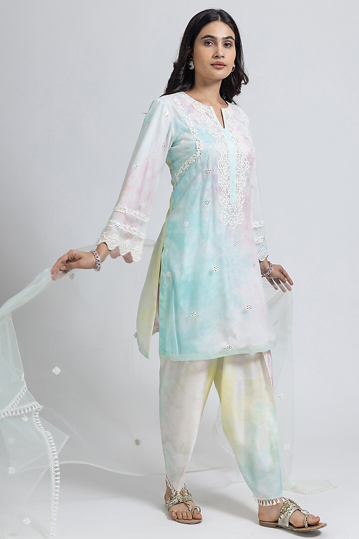 Multi-Colored Net Pearl & Moti Hand Embroidered Tie-Dye Kurta Set by NIMA FASHIONS at Pernia's Pop Up Shop