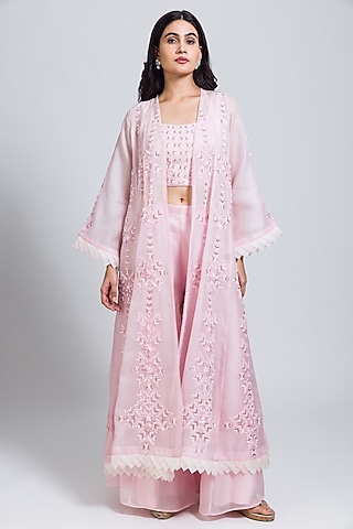 Pink Organza Moti Hand Embroidered Long Jacket Set by NIMA FASHIONS
