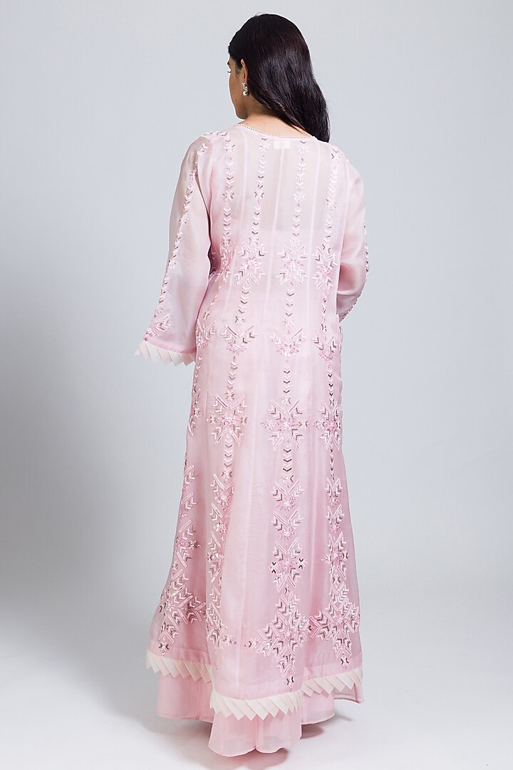 Pink Organza Moti Hand Embroidered Long Jacket Set by NIMA FASHIONS at Pernia's Pop Up Shop