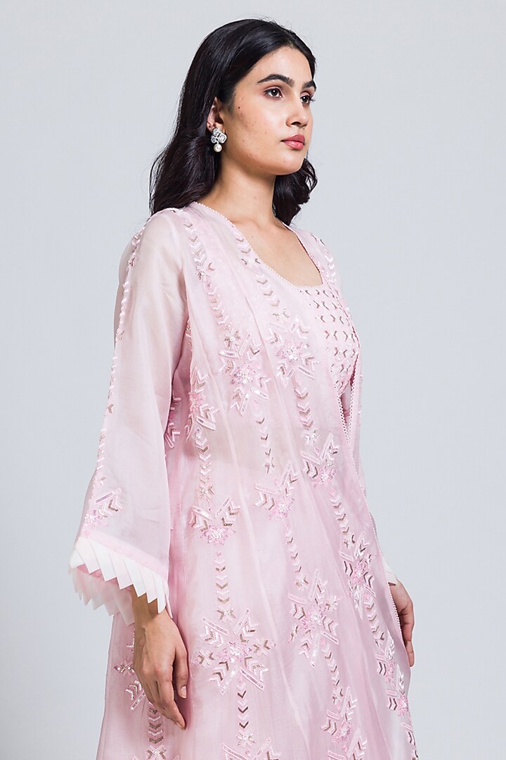 Pink Organza Moti Hand Embroidered Long Jacket Set by NIMA FASHIONS at Pernia's Pop Up Shop
