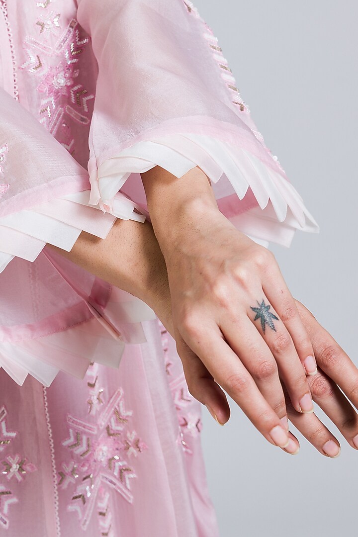 Pink Organza Moti Hand Embroidered Long Jacket Set by NIMA FASHIONS at Pernia's Pop Up Shop