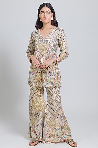 Multi-Colored Georgette Thread Hand Embroidered Jacket Set by NIMA FASHIONS
