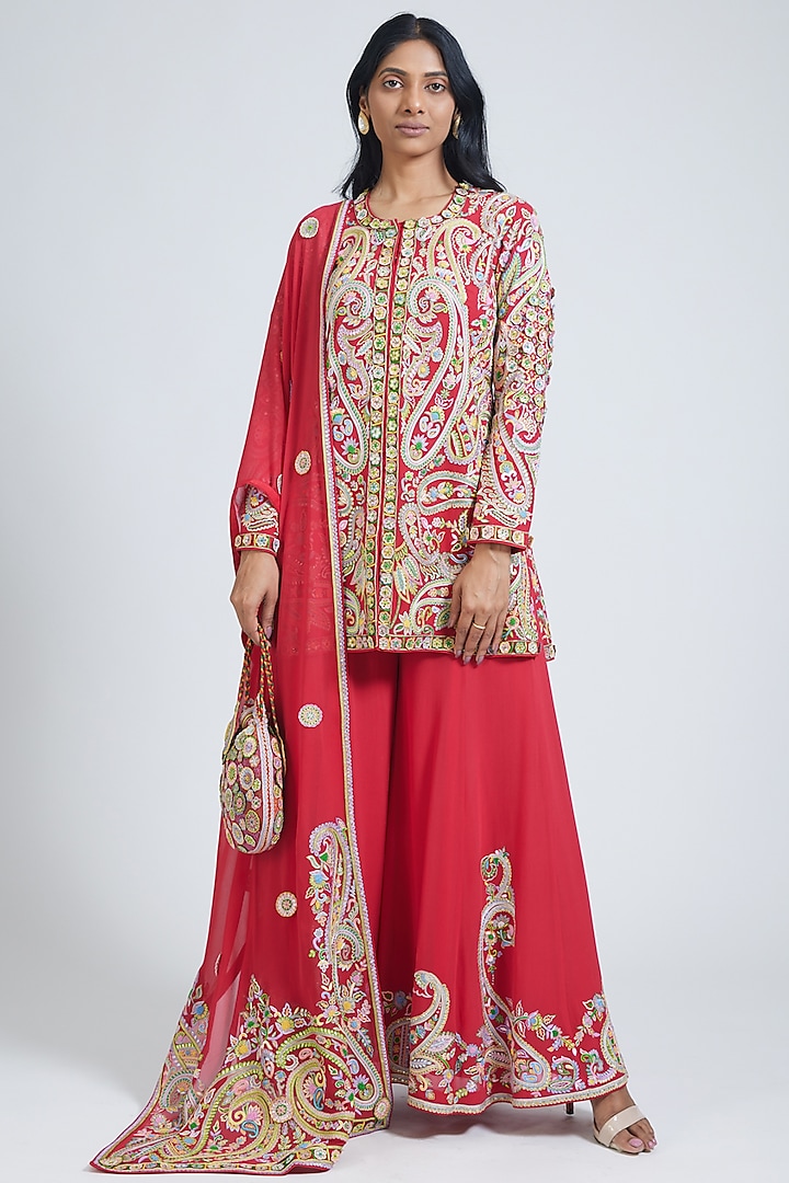 Red Georgette Thread Hand Embroidered Sharara Set by NIMA FASHIONS