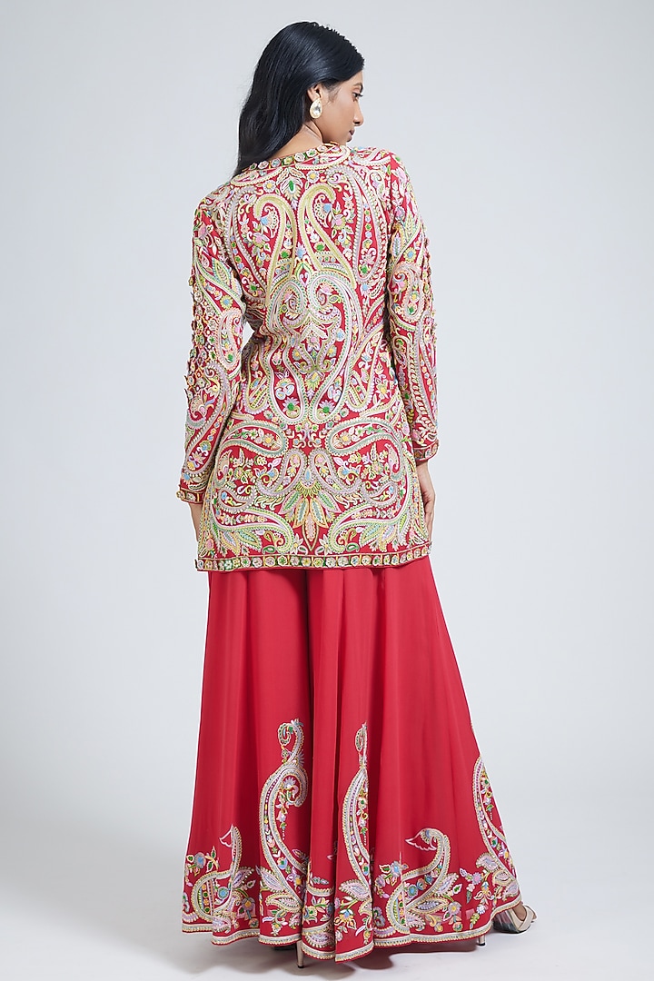 Red Georgette Thread Hand Embroidered Bridal Sharara Set by NIMA FASHIONS at Pernia's Pop Up Shop
