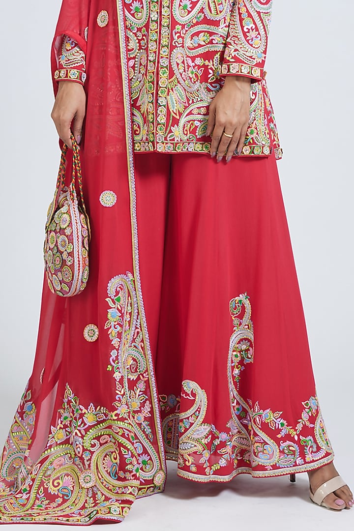 Red Georgette Thread Hand Embroidered Bridal Sharara Set by NIMA FASHIONS at Pernia's Pop Up Shop