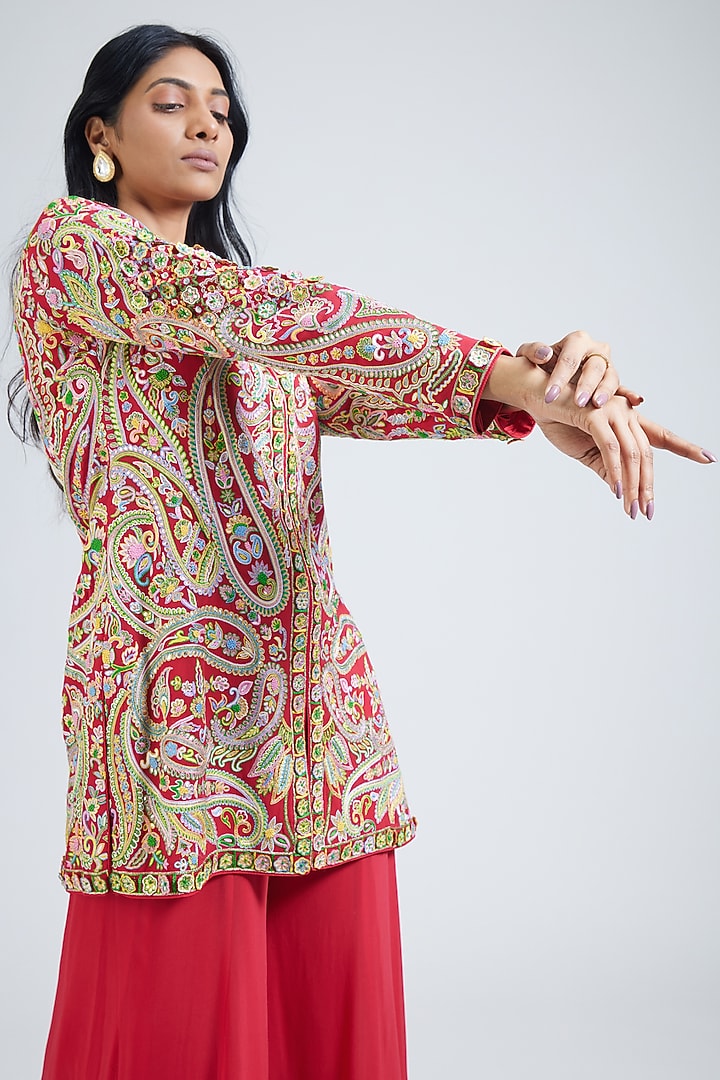 Red Georgette Thread Hand Embroidered Bridal Sharara Set by NIMA FASHIONS at Pernia's Pop Up Shop