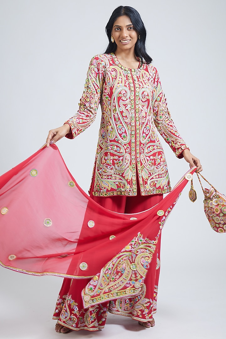Red Georgette Thread Hand Embroidered Bridal Sharara Set by NIMA FASHIONS at Pernia's Pop Up Shop