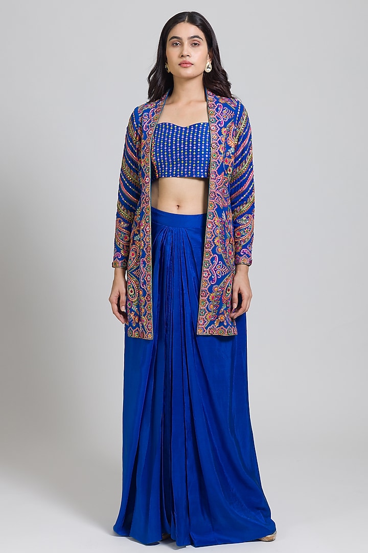 Cobalt Blue Georgette Thread Hand Embroidered Long Jacket Set by NIMA FASHIONS