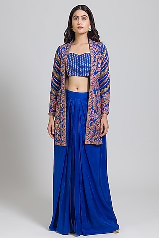 Cobalt Blue Georgette Thread Hand Embroidered Long Jacket Set by NIMA FASHIONS