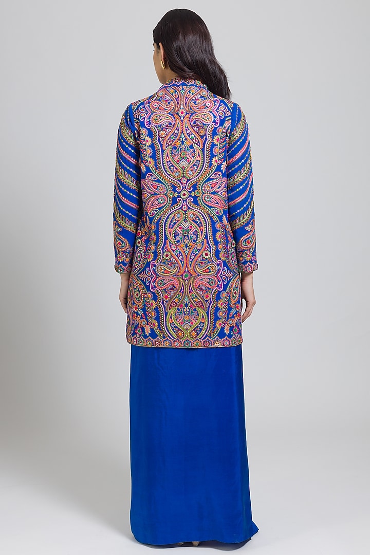 Cobalt Blue Georgette Thread Hand Embroidered Long Jacket Set by NIMA FASHIONS at Pernia's Pop Up Shop