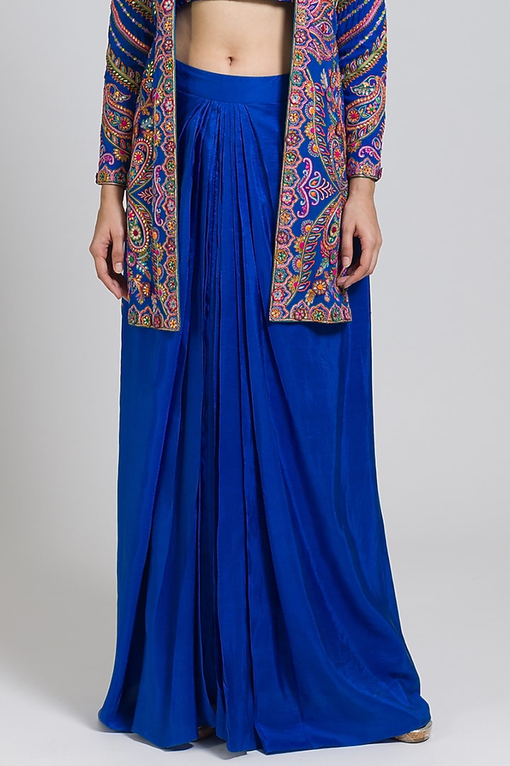 Cobalt Blue Georgette Thread Hand Embroidered Long Jacket Set by NIMA FASHIONS at Pernia's Pop Up Shop