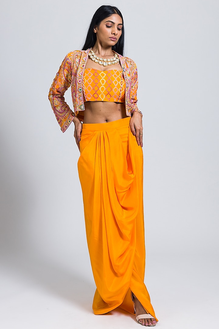 Orange Georgette Draped Skirt Set by NIMA FASHIONS