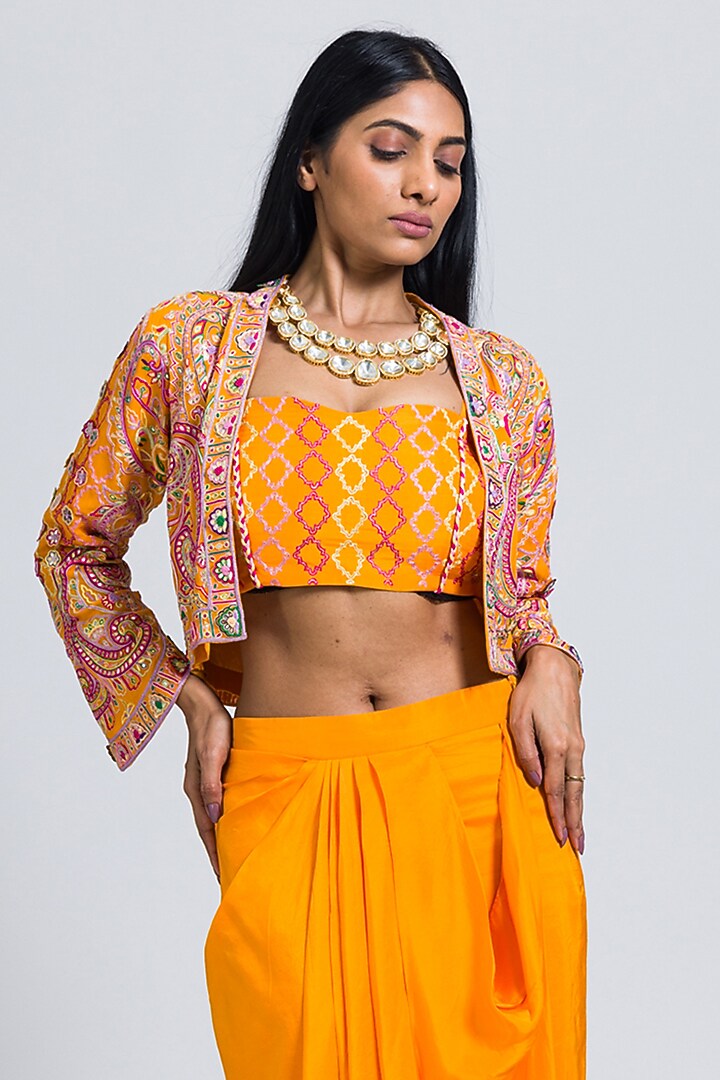 Orange Georgette Draped Skirt Set by NIMA FASHIONS at Pernia's Pop Up Shop