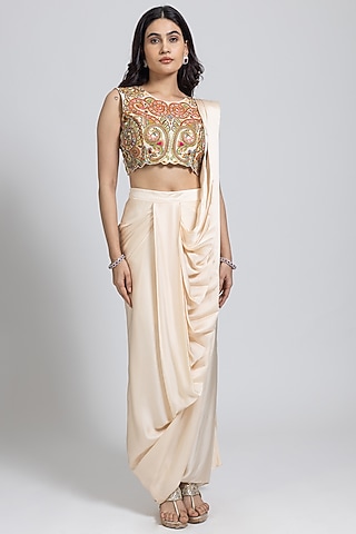 Nude Georgette Draped Saree Set by NIMA FASHIONS