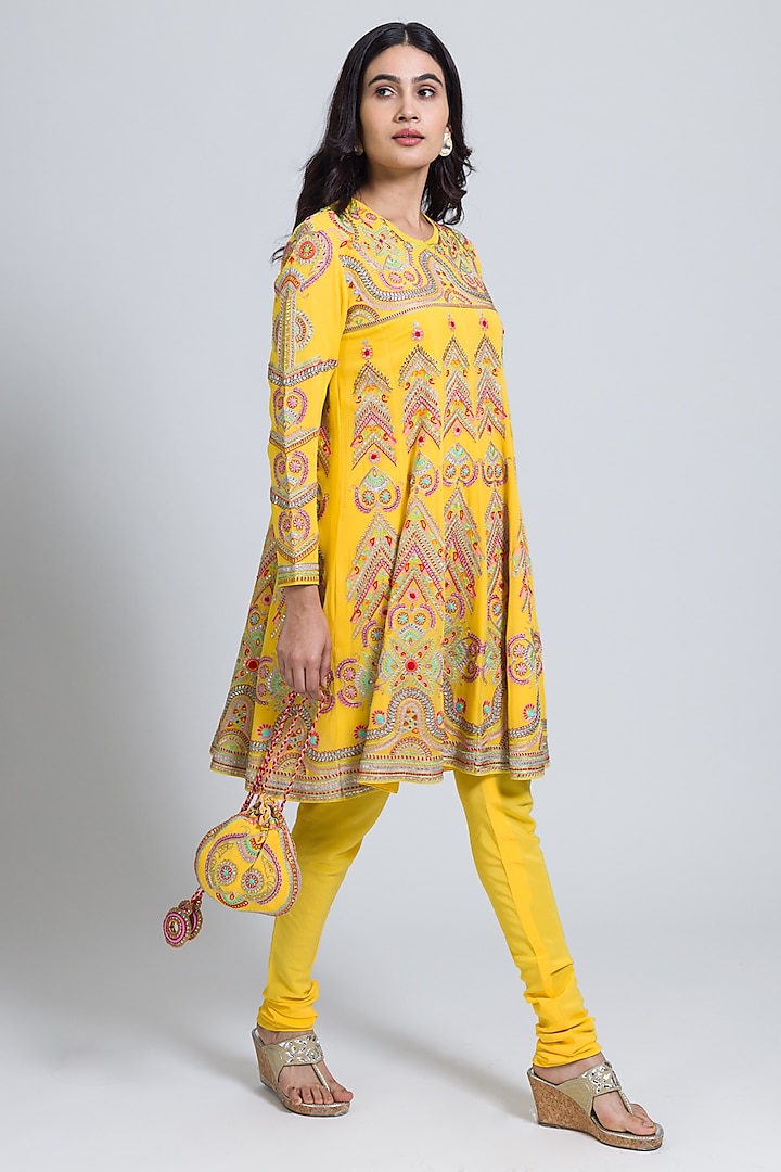 Yellow Georgette Thread Hand Embroidered Flared Kurta Set by NIMA FASHIONS