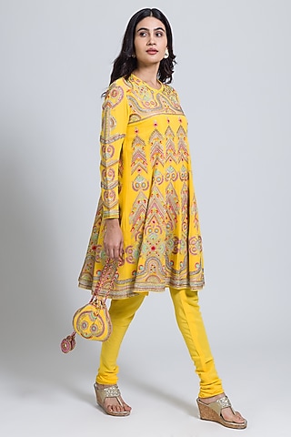 Yellow Georgette Thread Hand Embroidered Flared Kurta Set by NIMA FASHIONS