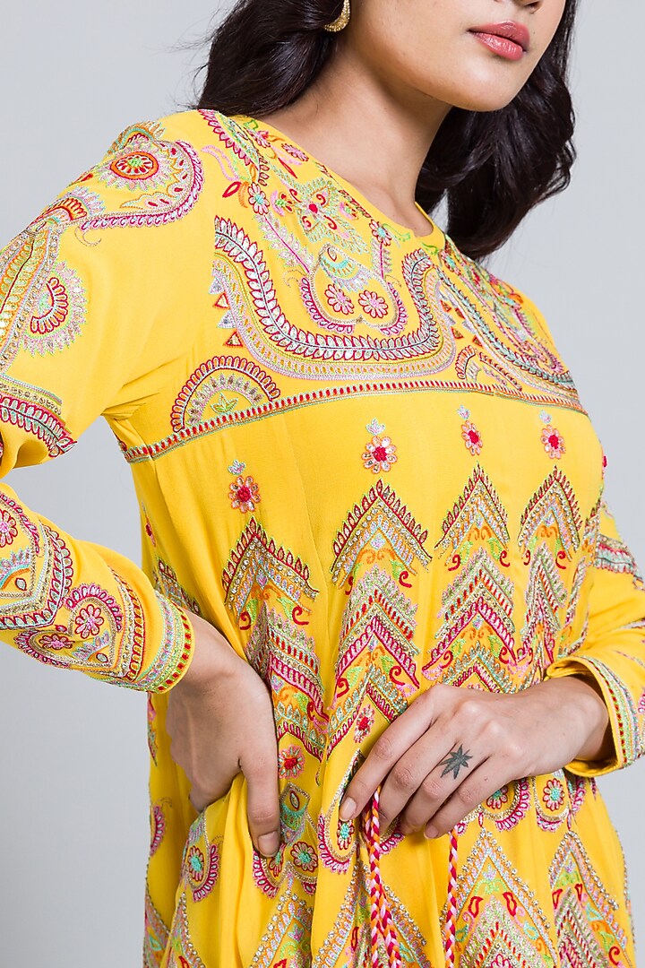 Yellow Georgette Thread Hand Embroidered Flared Kurta Set by NIMA FASHIONS at Pernia's Pop Up Shop