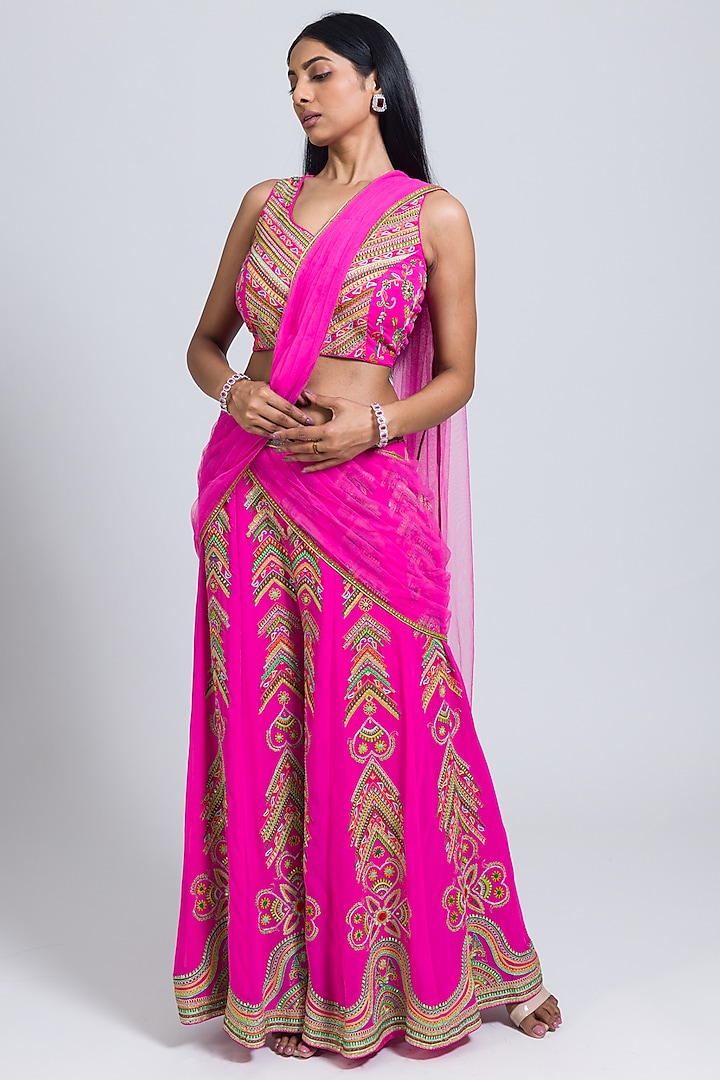 Hot Pink Georgette Thread Hand Embroidered Sharara Set by NIMA FASHIONS