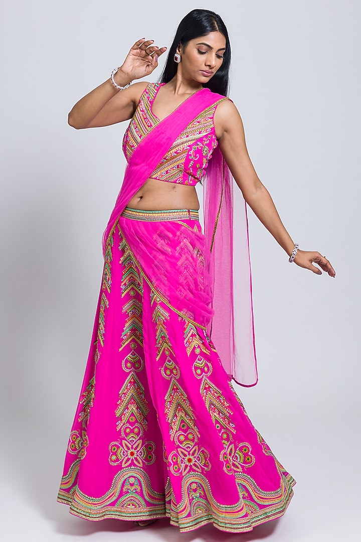 Hot Pink Georgette Thread Hand Embroidered Bridal Sharara Set by NIMA FASHIONS at Pernia's Pop Up Shop
