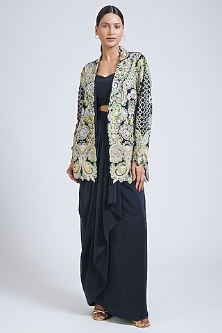 Black Georgette Thread Hand Embroidered Jacket Set by NIMA FASHIONS